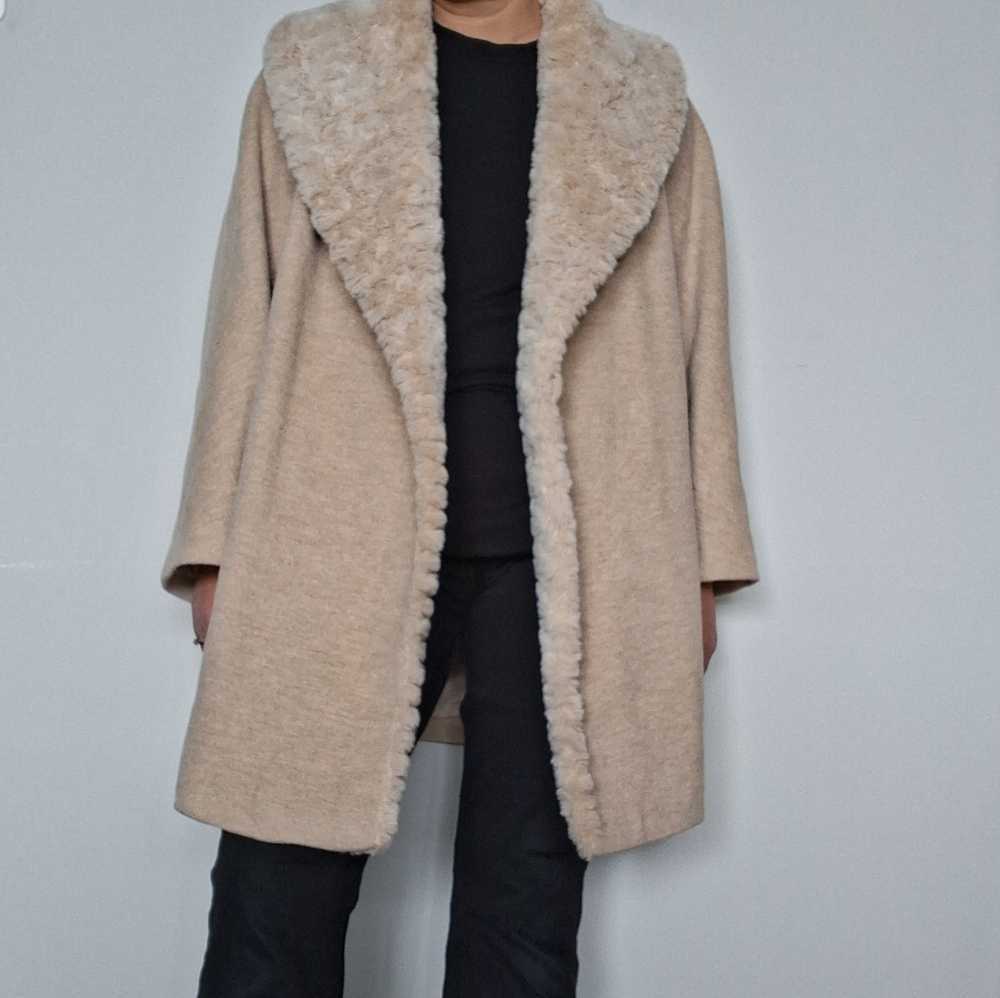 Windsmoor Beige Wool Angora Faux Fur Wrap Coat 16 Fits 12-16 L-Xl
